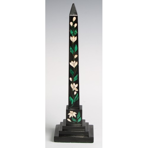 2320 - A pair of 19th century Derbyshire Ashford marble obelisks, inlaid in malachite and specimen stone wi... 