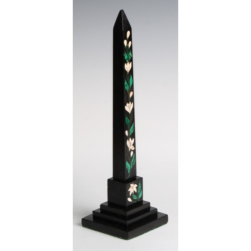 2320 - A pair of 19th century Derbyshire Ashford marble obelisks, inlaid in malachite and specimen stone wi... 