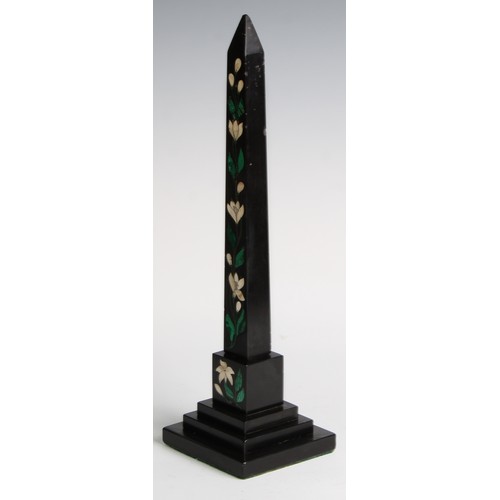 2320 - A pair of 19th century Derbyshire Ashford marble obelisks, inlaid in malachite and specimen stone wi... 