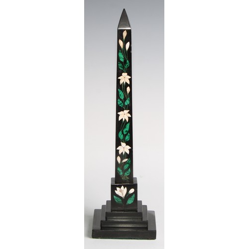 2320 - A pair of 19th century Derbyshire Ashford marble obelisks, inlaid in malachite and specimen stone wi... 