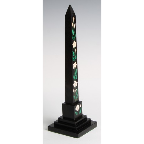 2320 - A pair of 19th century Derbyshire Ashford marble obelisks, inlaid in malachite and specimen stone wi... 