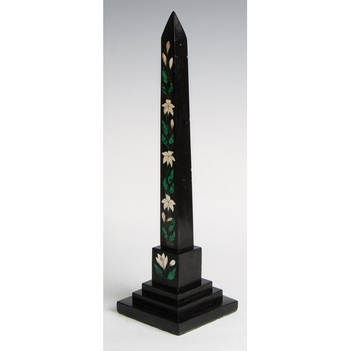 2320 - A pair of 19th century Derbyshire Ashford marble obelisks, inlaid in malachite and specimen stone wi... 