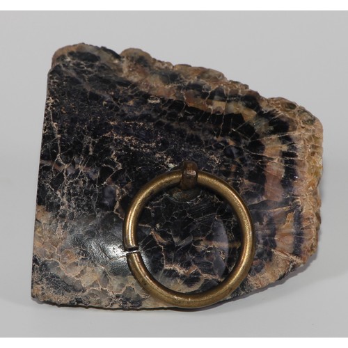 2314 - A 19th century Derbyshire Blue John desk weight, brass ring handle, 7cm wide; a specimen, mounted fo... 