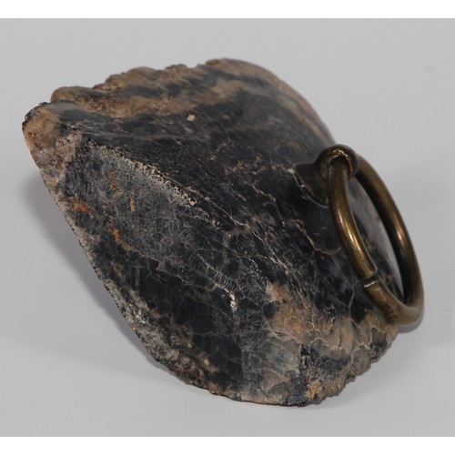 2314 - A 19th century Derbyshire Blue John desk weight, brass ring handle, 7cm wide; a specimen, mounted fo... 