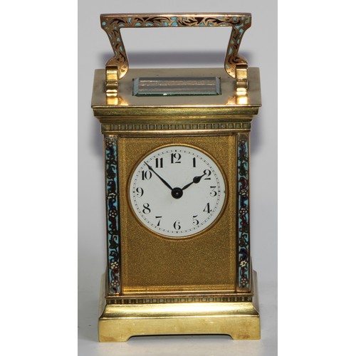 1753 - A French gilt brass and champleve enamel carriage timepiece, 4.5cm circular enamel dial inscribed wi... 