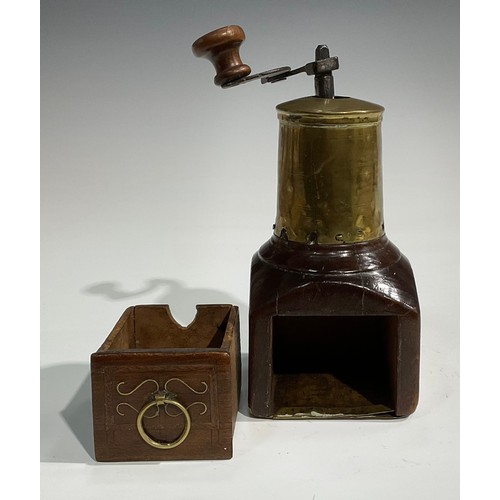 2632 - An 18th century fruitwood and brass coffee grinder or mill, articulated handle, drawer to base inlai... 