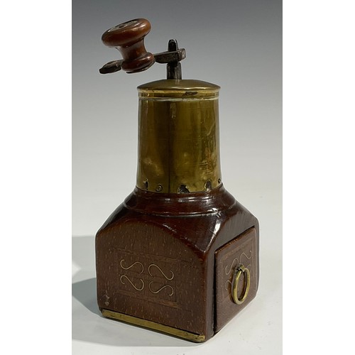 2632 - An 18th century fruitwood and brass coffee grinder or mill, articulated handle, drawer to base inlai... 