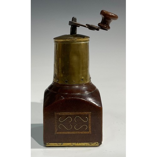 2632 - An 18th century fruitwood and brass coffee grinder or mill, articulated handle, drawer to base inlai... 