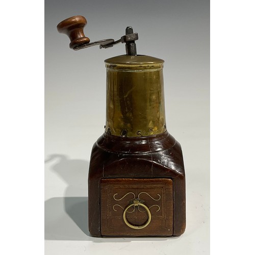 2632 - An 18th century fruitwood and brass coffee grinder or mill, articulated handle, drawer to base inlai... 