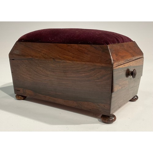 1925 - An early Victorian rosewood rosewood sarcophagus table top pin cushion, work box drawer to side, bun... 