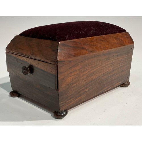 1925 - An early Victorian rosewood rosewood sarcophagus table top pin cushion, work box drawer to side, bun... 