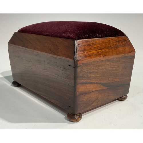 1925 - An early Victorian rosewood rosewood sarcophagus table top pin cushion, work box drawer to side, bun... 