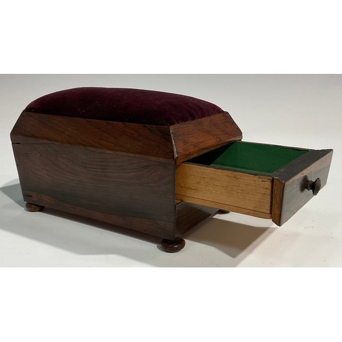 1925 - An early Victorian rosewood rosewood sarcophagus table top pin cushion, work box drawer to side, bun... 