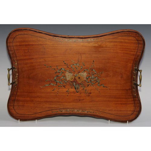 1803 - A large Sheraton Revival painted satinwood serpentine gallery tray, decorated in polychrome with a m... 