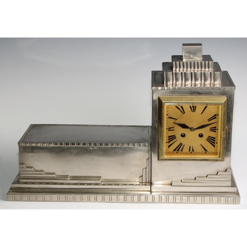 2384 - A substantial Secessionist silvered architectural mantel clock, 12.5cm square gilt dial inscribed wi... 