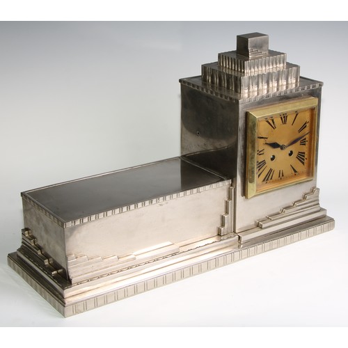 2384 - A substantial Secessionist silvered architectural mantel clock, 12.5cm square gilt dial inscribed wi... 