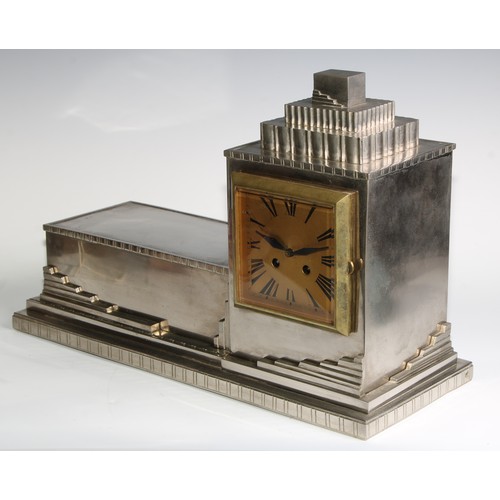 2384 - A substantial Secessionist silvered architectural mantel clock, 12.5cm square gilt dial inscribed wi... 