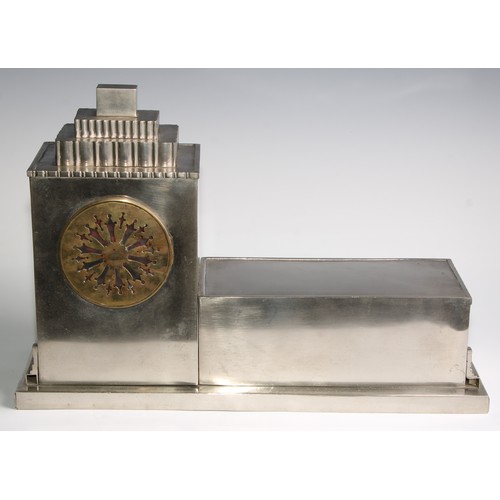 2384 - A substantial Secessionist silvered architectural mantel clock, 12.5cm square gilt dial inscribed wi... 