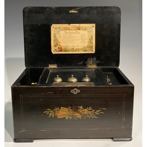 2434 - A 19th century Swiss rosewood and marquetry rounded rectangular bells-in-sight orchestral music box,... 