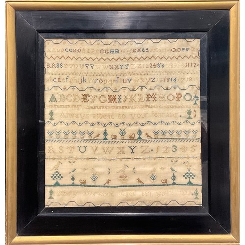 2493 - A George IV needlework sampler, by Mary Norwood, Aged 10 Years, 1829, worked in coloured threads wit... 