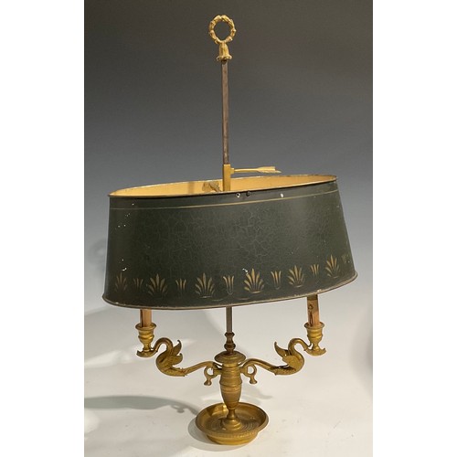 2018 - A French gilt bronze bouillote lamp, in the Empire taste, the branches cast as swans, posted handle,... 