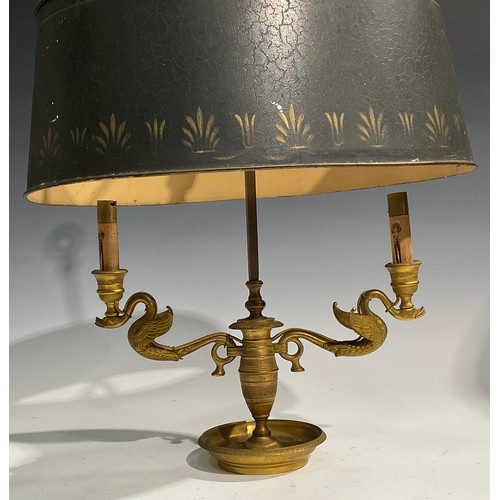 2018 - A French gilt bronze bouillote lamp, in the Empire taste, the branches cast as swans, posted handle,... 