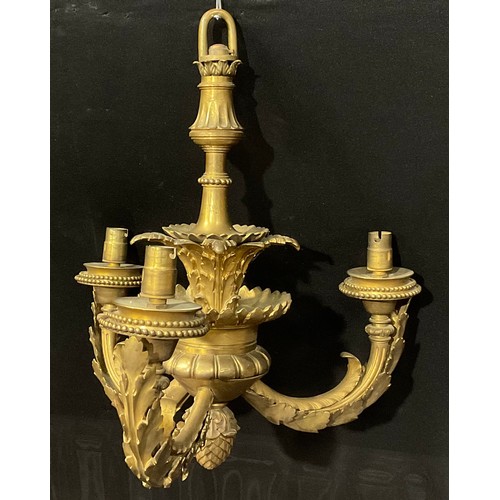 2673 - An early 20th century ormolu three branch electrolier, cast with acanthus, beaded borders, 37cm wide