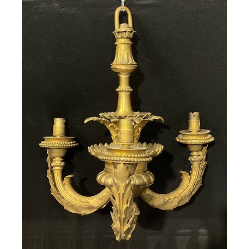 2673 - An early 20th century ormolu three branch electrolier, cast with acanthus, beaded borders, 37cm wide