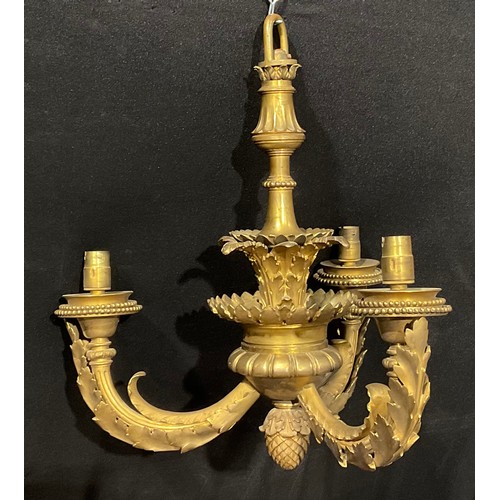 2673 - An early 20th century ormolu three branch electrolier, cast with acanthus, beaded borders, 37cm wide