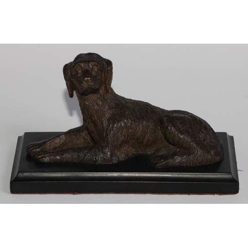 2709 - French School (19th century), a brown patinated bronze, of a dog, black marble base, 18cm wide