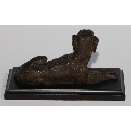 2709 - French School (19th century), a brown patinated bronze, of a dog, black marble base, 18cm wide