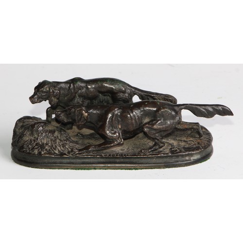 2727 - Pierre Jules Mene (1810 - 1879), after, a dark patinated bronze, of Hunting Dogs, signed in the maqu... 