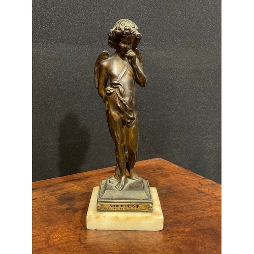 2719 - Jean-Louis Gregoire (1840 - 1890), after, a dark patinated bronze, Amour Pensif, alabaster base, 21c... 