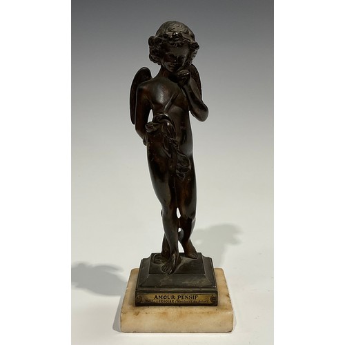 2719 - Jean-Louis Gregoire (1840 - 1890), after, a dark patinated bronze, Amour Pensif, alabaster base, 21c... 