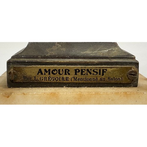 2719 - Jean-Louis Gregoire (1840 - 1890), after, a dark patinated bronze, Amour Pensif, alabaster base, 21c... 