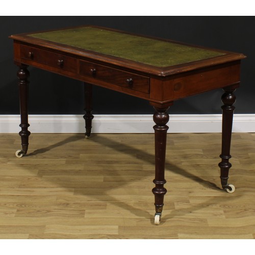 2590 - A Victorian mahogany writing table, rectangular top with inset tooled and gilt writing surface, abov... 