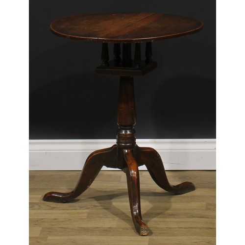 1747 - A George III oak and elm birdcage tripod occasional table, circular top, turned column, cabriole leg... 