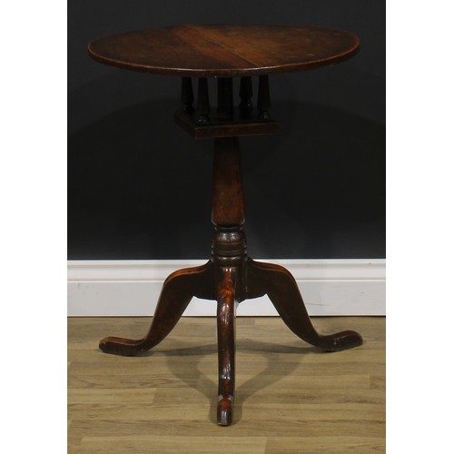 1747 - A George III oak and elm birdcage tripod occasional table, circular top, turned column, cabriole leg... 