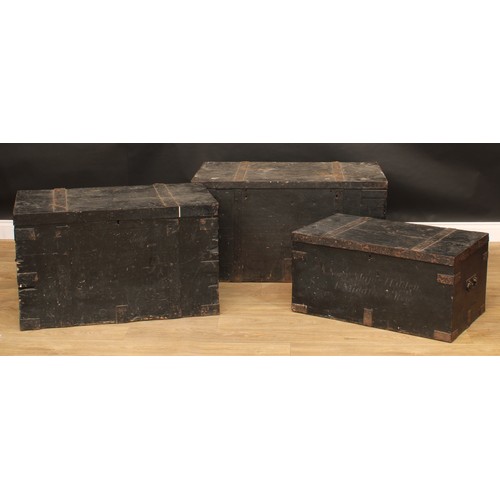 2149 - A graduated harlequin set of three rectangular  iron bound country house silver chests, hinged cover... 