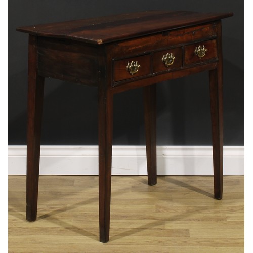 2040 - A George III vernacular fruitwood lowboy, oversailing top above two frieze drawers centred by a blin... 