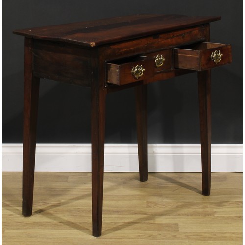 2040 - A George III vernacular fruitwood lowboy, oversailing top above two frieze drawers centred by a blin... 