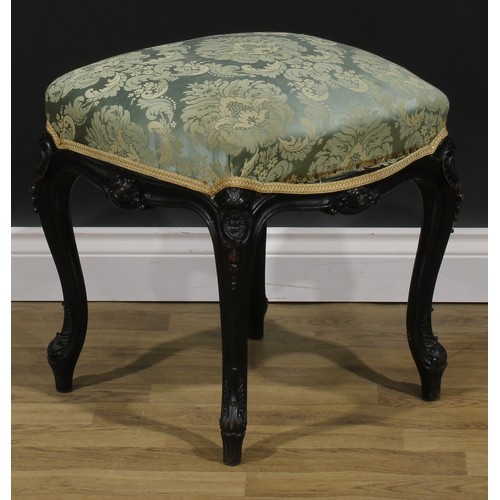 2509 - A late Victorian shaped serpentine square stool, stuffed-over seat upholstered in duck egg damask, s... 