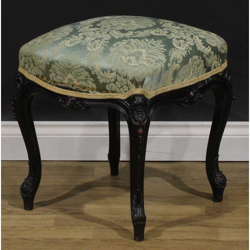 2509 - A late Victorian shaped serpentine square stool, stuffed-over seat upholstered in duck egg damask, s... 