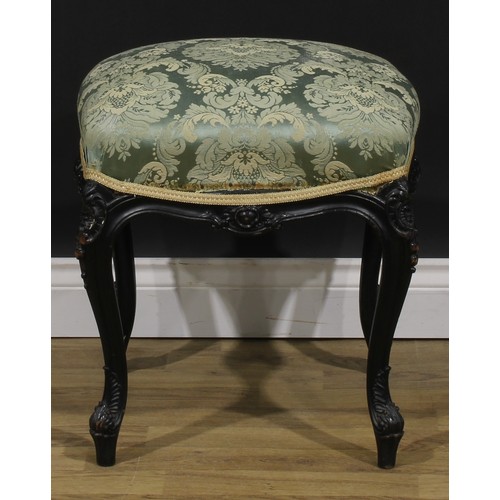 2509 - A late Victorian shaped serpentine square stool, stuffed-over seat upholstered in duck egg damask, s... 