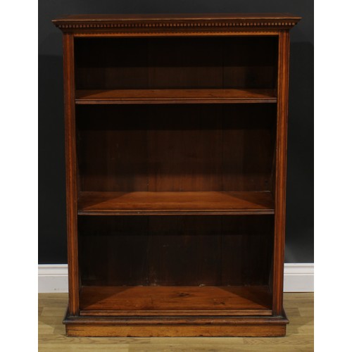 2586 - A Victorian mahogany open bookcase, by W.R Simkin, Colchester, dentil cornice above adjustable shelv... 