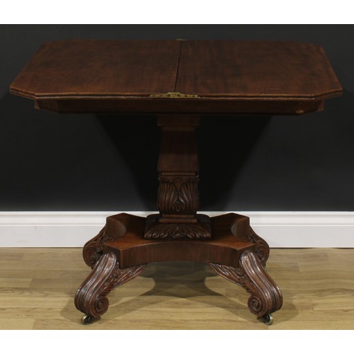 2047 - A George IV mahogany canted rectangular tea table, hinged top with channelled edge, square column, a... 