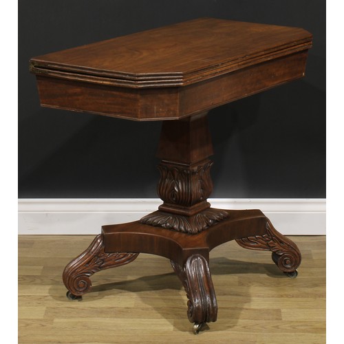 2047 - A George IV mahogany canted rectangular tea table, hinged top with channelled edge, square column, a... 