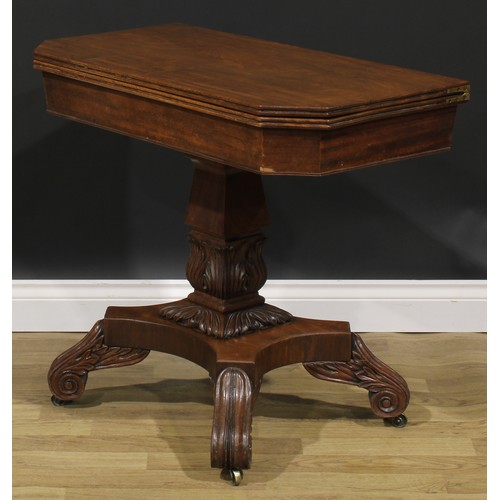 2047 - A George IV mahogany canted rectangular tea table, hinged top with channelled edge, square column, a... 