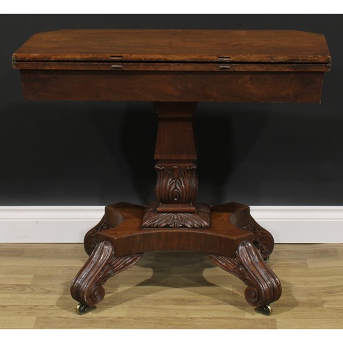 2047 - A George IV mahogany canted rectangular tea table, hinged top with channelled edge, square column, a... 