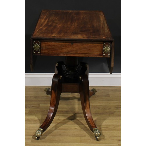 2354 - A Regency gilt metal mounted mahogany Pembroke table, rosewood banded canted rectangular top with fa... 